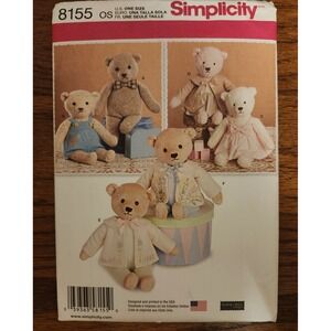 Simplicity 8155 Stuffed Teddy Bears with Clothes Sewing Pattern Elaine Heigl OS